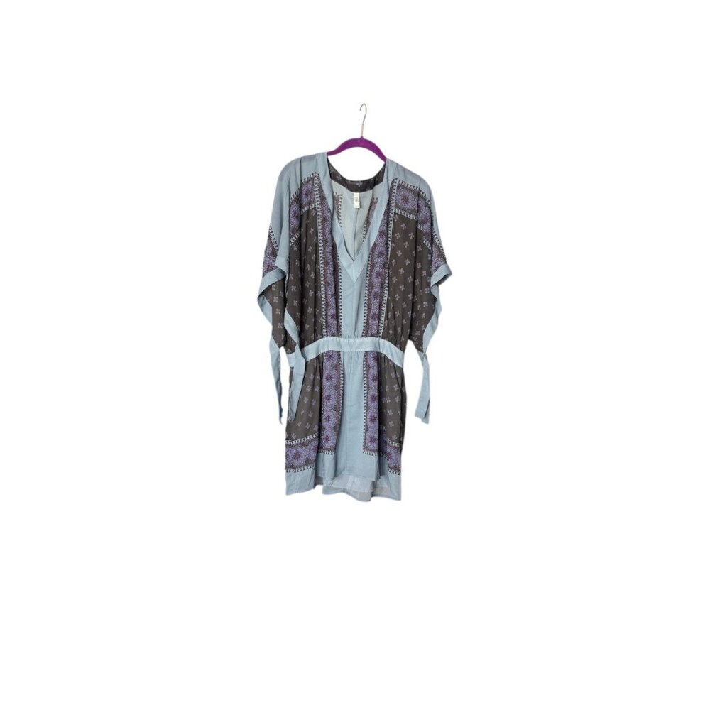 Free Peple Boho Tunic Top Belted V-Neck Geometric Print Kimono Sleeve Blue Purpl